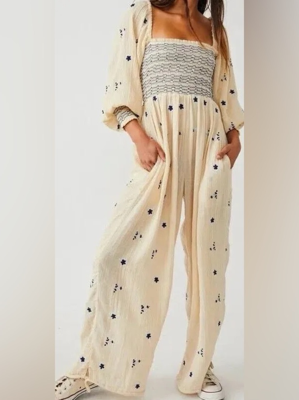 Free People Dahlia White Blue Embroidered Smocked Jumpsuit